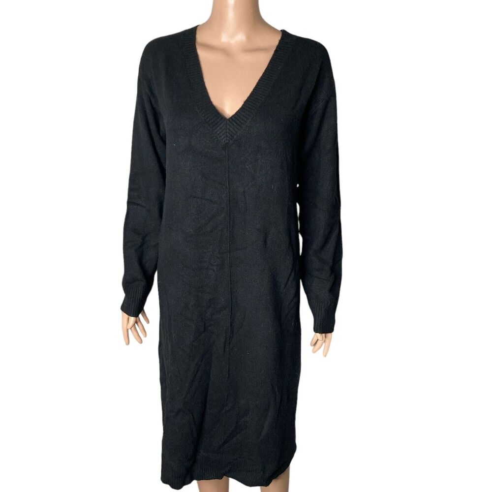 WAYF Sweater Dress Womens Small Black Crew Neck Puff Sleeve